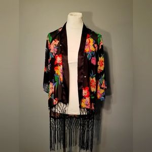 Forever 21 Small Sheer Floral Kimono With Fringe